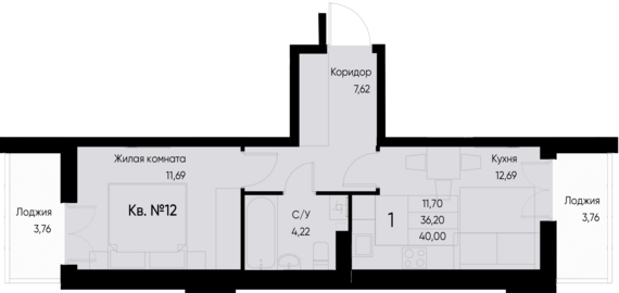 1-комнатная квартира №12 40 м2 от застройщика ГК ТОЧНО