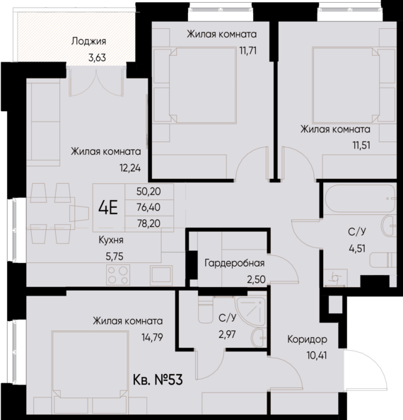 евро 4 к.кв. №53 78,2 м2 от застройщика ГК ТОЧНО