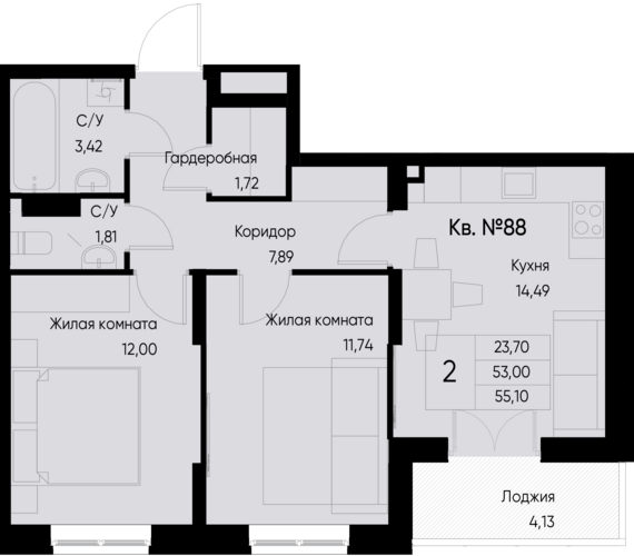 2-комнатная квартира №88 55,2 м2 от застройщика ГК ТОЧНО