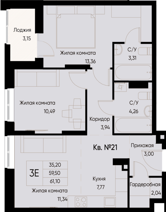 евро 3 к.кв. №21 61,1 м2 от застройщика ГК ТОЧНО