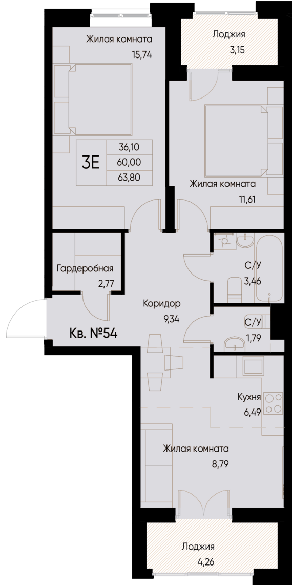 евро 3 к.кв. №54 63,8 м2 от застройщика ГК ТОЧНО