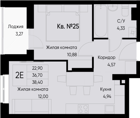 евро 2 к.кв. №25 38,4 м2 от застройщика ГК ТОЧНО