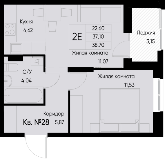 евро 2 к.кв. №28 38,7 м2 от застройщика ГК ТОЧНО