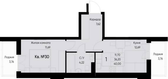 1-комнатная квартира №30 40 м2 от застройщика ГК ТОЧНО