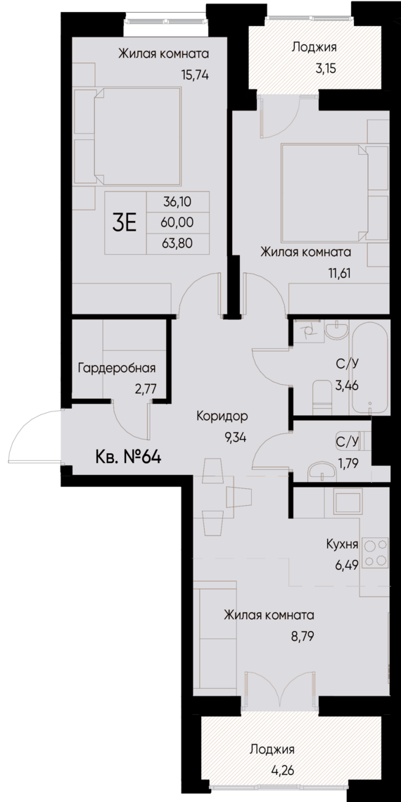 евро 3 к.кв. №64 63,8 м2 от застройщика ГК ТОЧНО