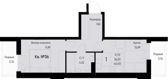 1-комнатная квартира №36 40 м2 от застройщика ГК ТОЧНО