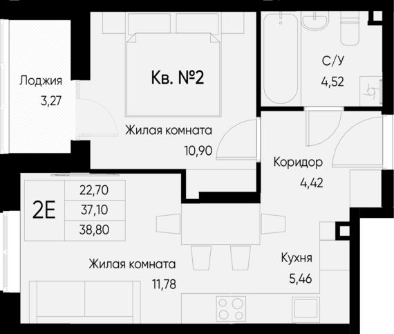 евро 2 к.кв. №2 38,8 м2 от застройщика ГК ТОЧНО