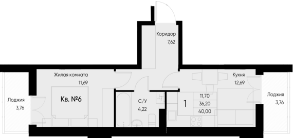 1-комнатная квартира №6 40 м2 от застройщика ГК ТОЧНО