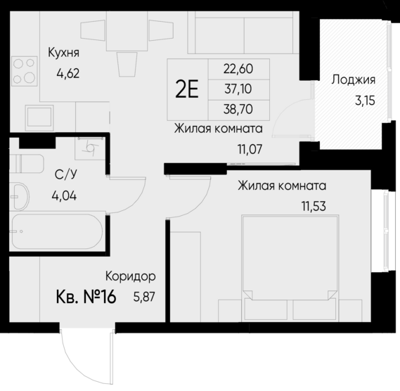 евро 2 к.кв. №16 38,7 м2 от застройщика ГК ТОЧНО