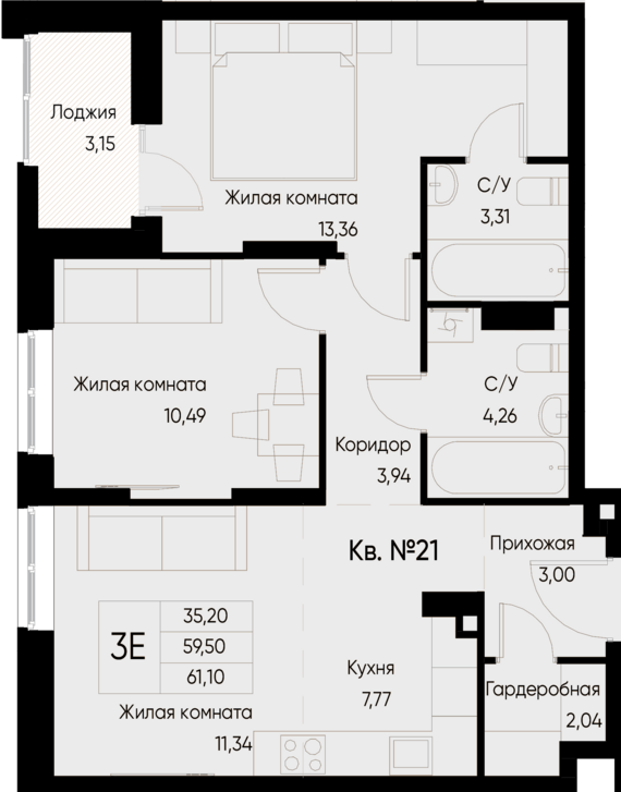 евро 3 к.кв. №21 61,1 м2 от застройщика ГК ТОЧНО