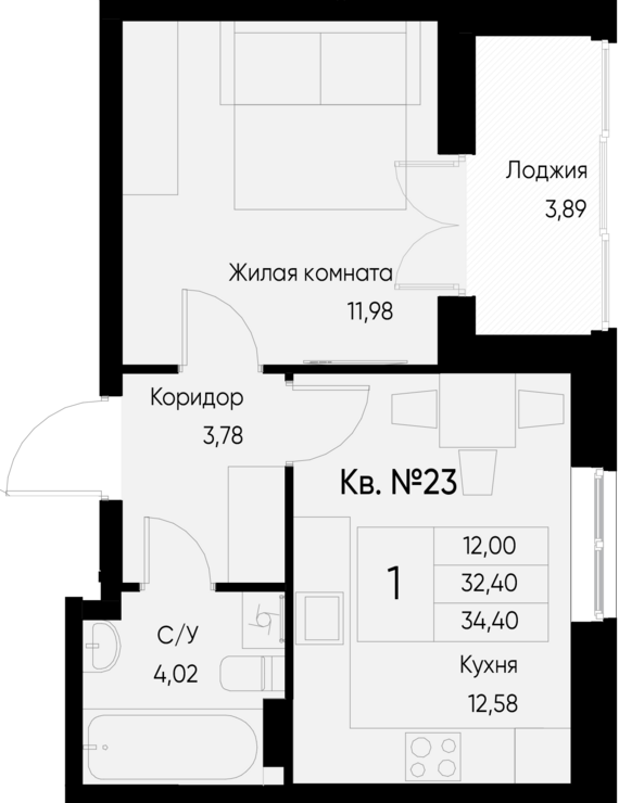 1-комнатная квартира №23 34,4 м2 от застройщика ГК ТОЧНО