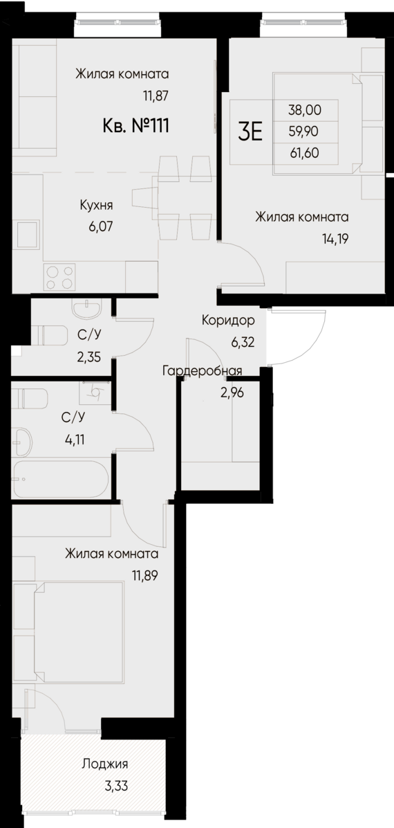 евро 3 к.кв. №111 61,6 м2 от застройщика ГК ТОЧНО