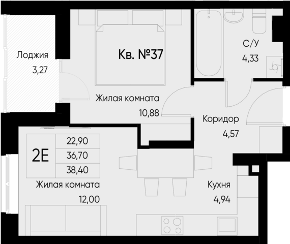 2-комнатная квартира №37 38,4 м2 от застройщика ГК ТОЧНО