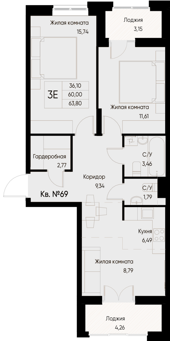 евро 3 к.кв. №69 63,8 м2 от застройщика ГК ТОЧНО
