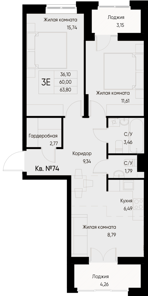 евро 3 к.кв. №74 63,8 м2 от застройщика ГК ТОЧНО