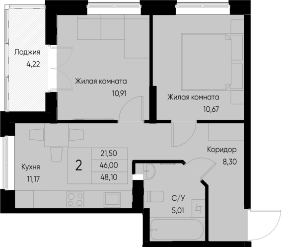 2-комнатная квартира №39 48,1 м2 от застройщика ГК ТОЧНО