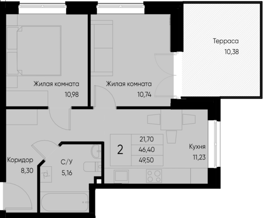 2-комнатная квартира №1 49,4 м2 от застройщика ГК ТОЧНО