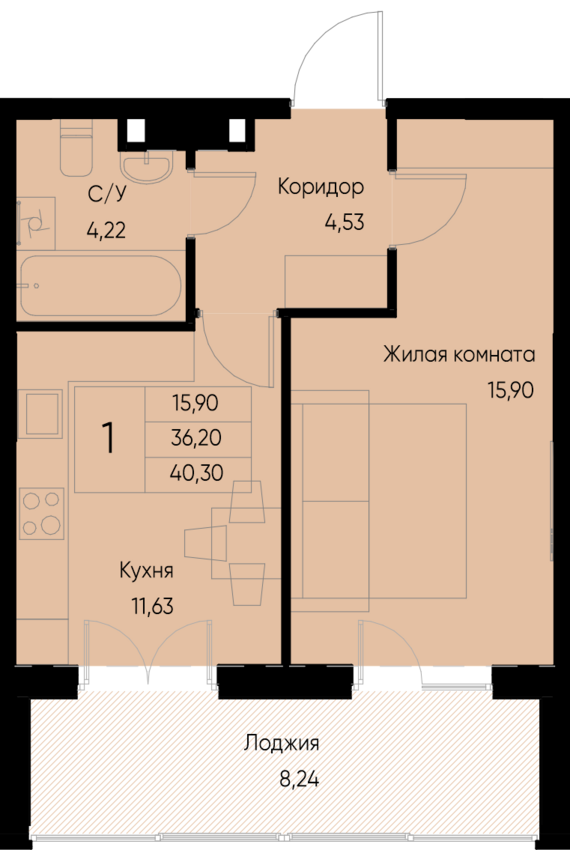 1-комнатная квартира №32 40,3 м2 от застройщика ГК ТОЧНО