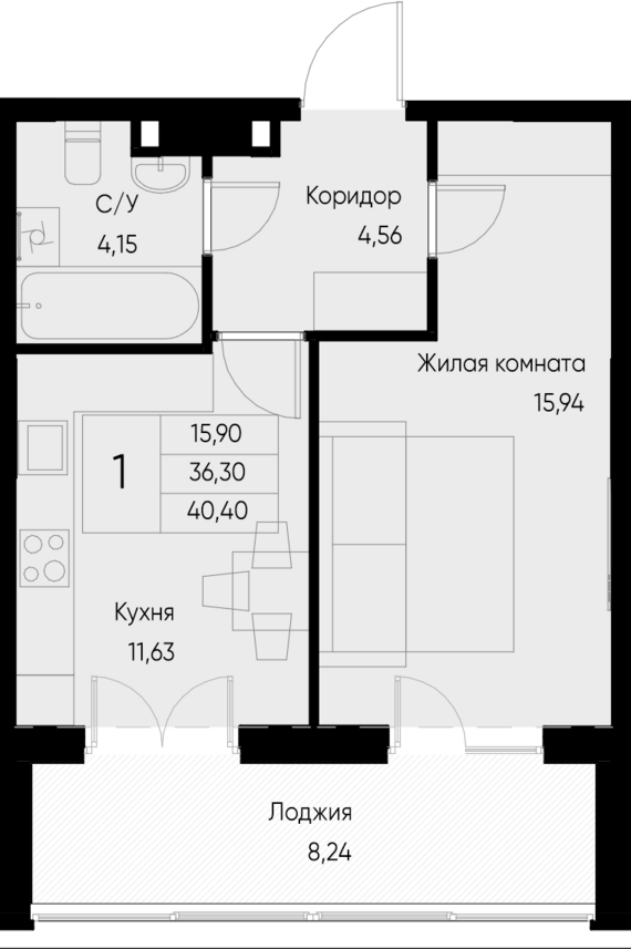 1-комнатная квартира №35 40,4 м2 от застройщика ГК ТОЧНО