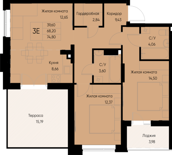 3-комнатная квартира №31 74,8 м2 от застройщика ГК ТОЧНО