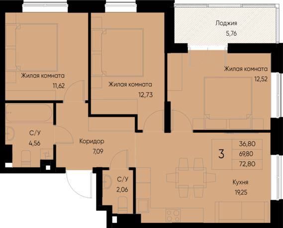 3-комнатная квартира №5 72,8 м2 от застройщика ГК ТОЧНО