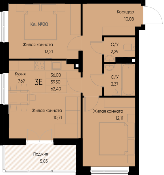 3-комнатная квартира №20 62,4 м2 от застройщика ГК ТОЧНО