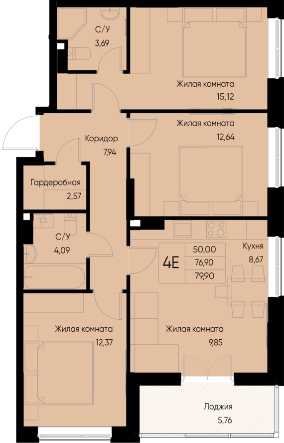 4-комнатная квартира №24 79,9 м2 от застройщика ГК ТОЧНО