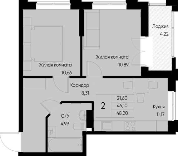 2-комнатная квартира №17 48,2 м2 от застройщика ГК ТОЧНО