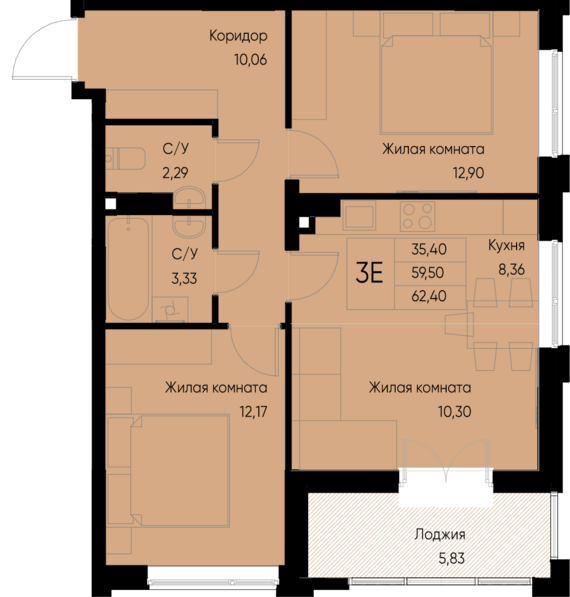 евро 3 к.кв. №13 62,4 м2 от застройщика ГК ТОЧНО