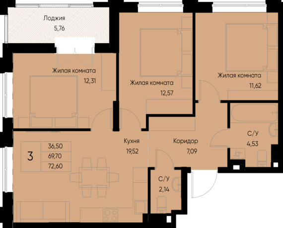 3-комнатная квартира №22 72,6 м2 от застройщика ГК ТОЧНО