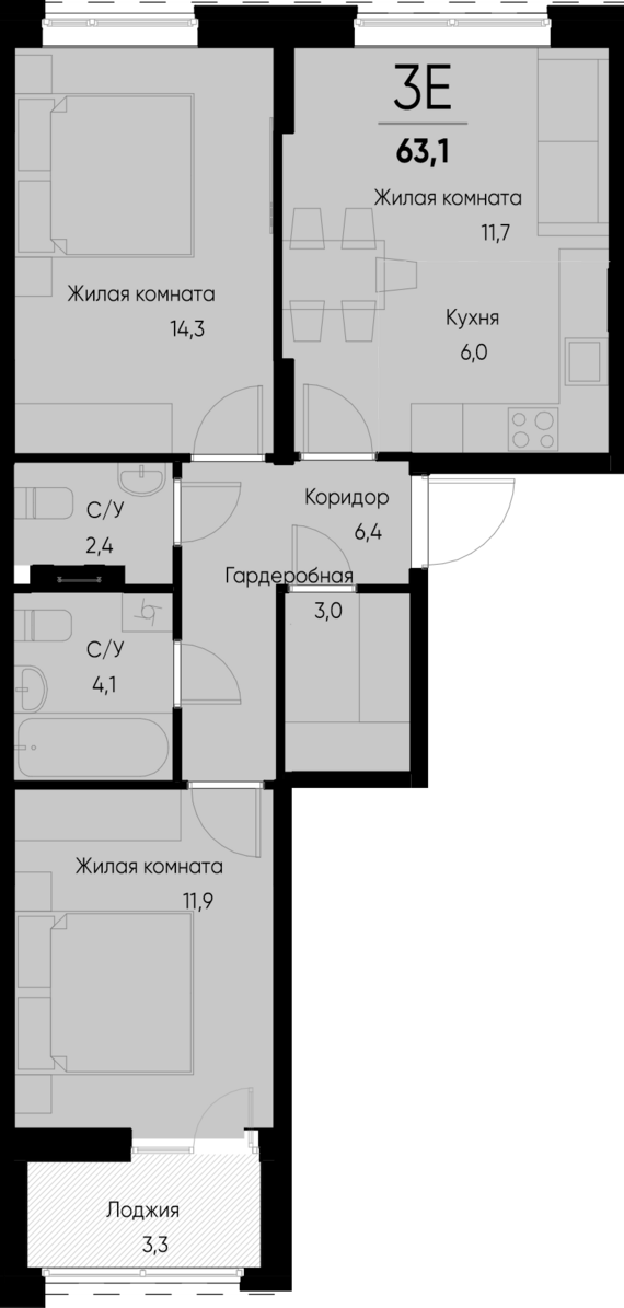 евро 3 к.кв. №25 61,5 м2 от застройщика ГК ТОЧНО