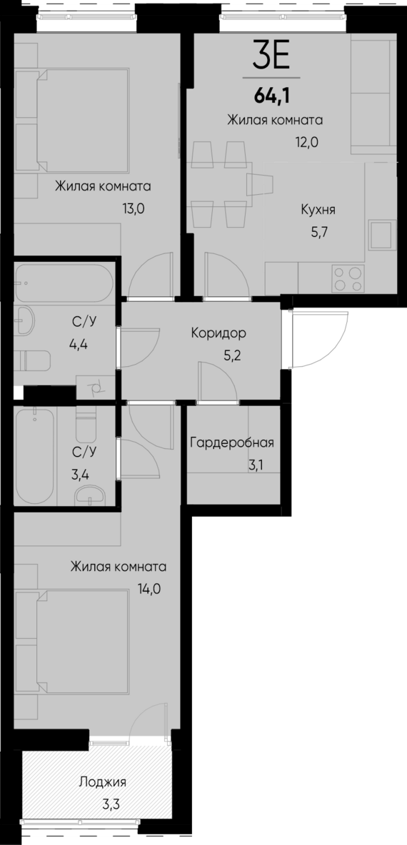евро 3 к.кв. №30 62,5 м2 от застройщика ГК ТОЧНО