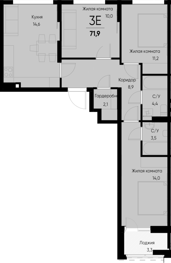 3-комнатная квартира №51 70,3 м2 от застройщика ГК ТОЧНО