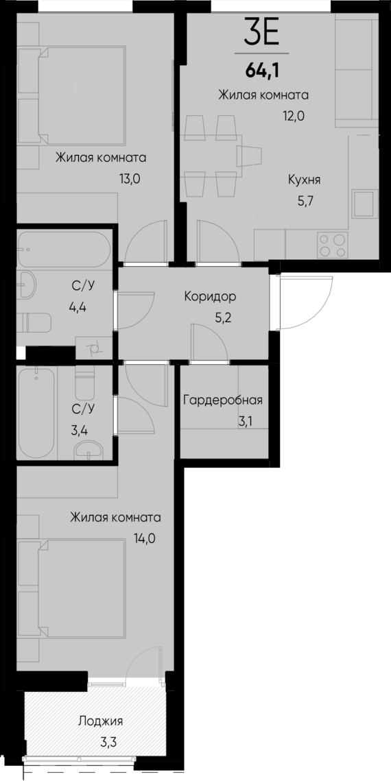 евро 3 к.кв. №55 62,5 м2 от застройщика ГК ТОЧНО