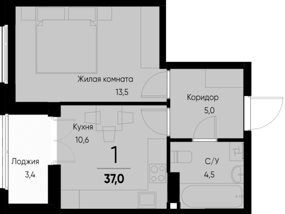 1-комнатная квартира №65 35,3 м2 от застройщика ГК ТОЧНО