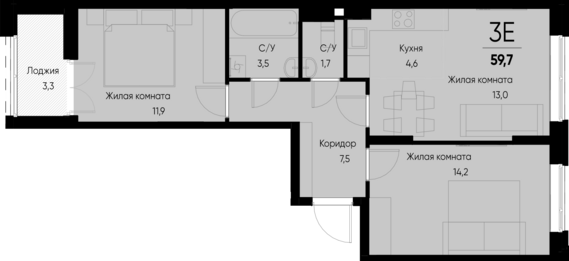 евро 3 к.кв. №73 58,1 м2 от застройщика ГК ТОЧНО