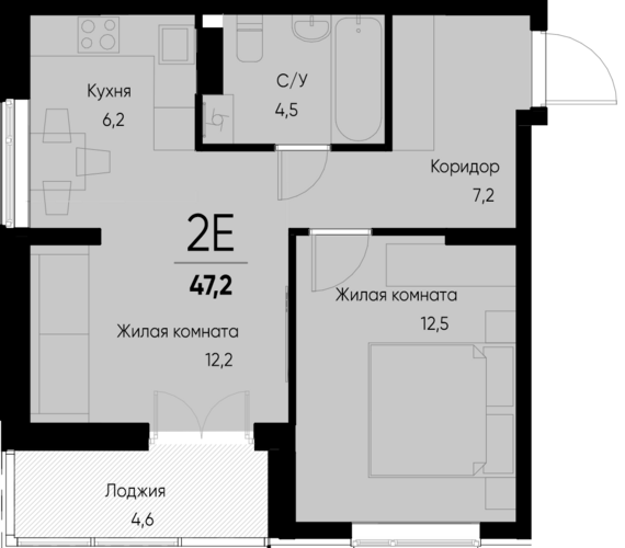евро 2 к.кв. №88 44,9 м2 от застройщика ГК ТОЧНО