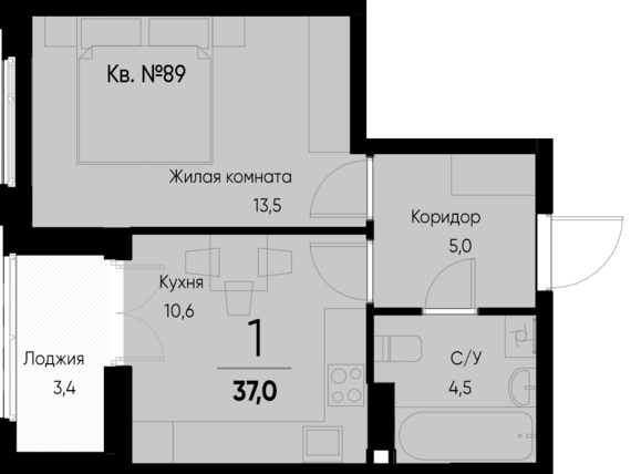 1-комнатная квартира №89 35,3 м2 от застройщика ГК ТОЧНО