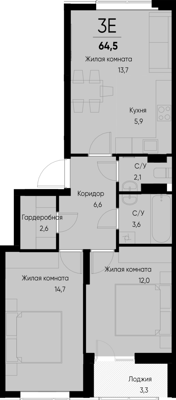 евро 3 к.кв. №92 62,9 м2 от застройщика ГК ТОЧНО