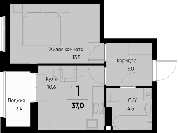 1-комнатная квартира №95 35,3 м2 от застройщика ГК ТОЧНО