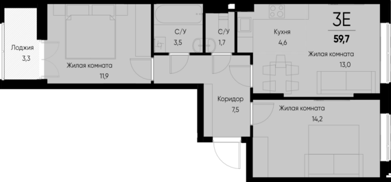 евро 3 к.кв. №97 58,1 м2 от застройщика ГК ТОЧНО