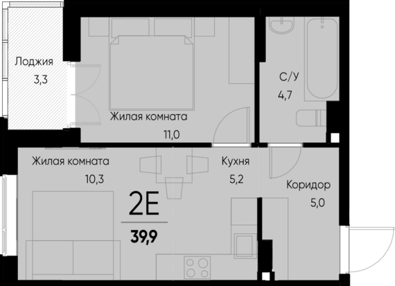 евро 2 к.кв. №126 38,3 м2 от застройщика ГК ТОЧНО