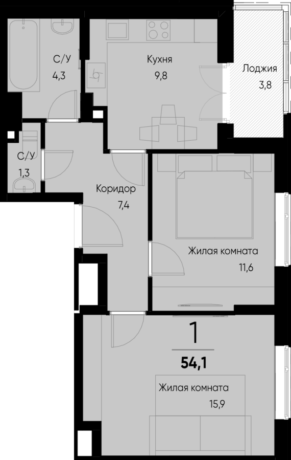 2-комнатная квартира №121 52,2 м2 от застройщика ГК ТОЧНО