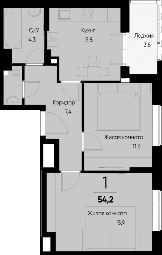 2-комнатная квартира №133 52,3 м2 от застройщика ГК ТОЧНО