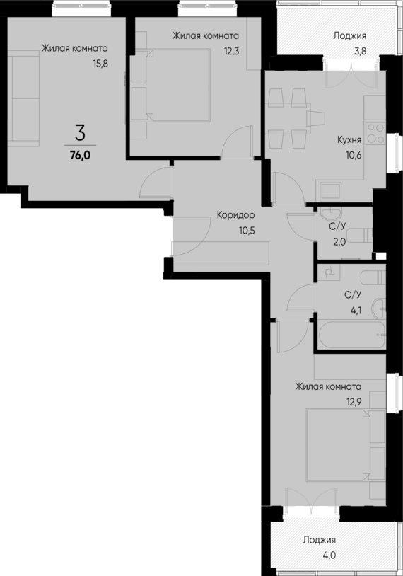 3-комнатная квартира №24 76 м2 от застройщика ГК ТОЧНО