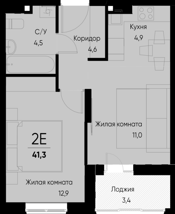 евро 2 к.кв. №30 41,3 м2 от застройщика ГК ТОЧНО