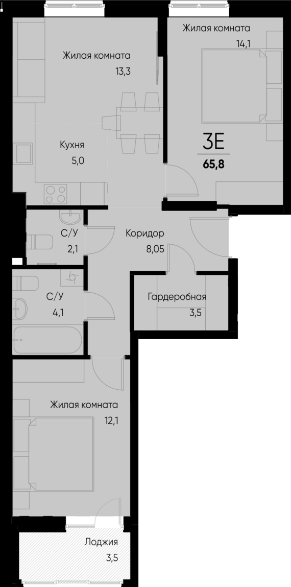 евро 3 к.кв. №33 65,8 м2 от застройщика ГК ТОЧНО