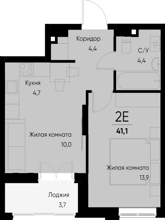 евро 2 к.кв. №59 41,1 м2 от застройщика ГК ТОЧНО