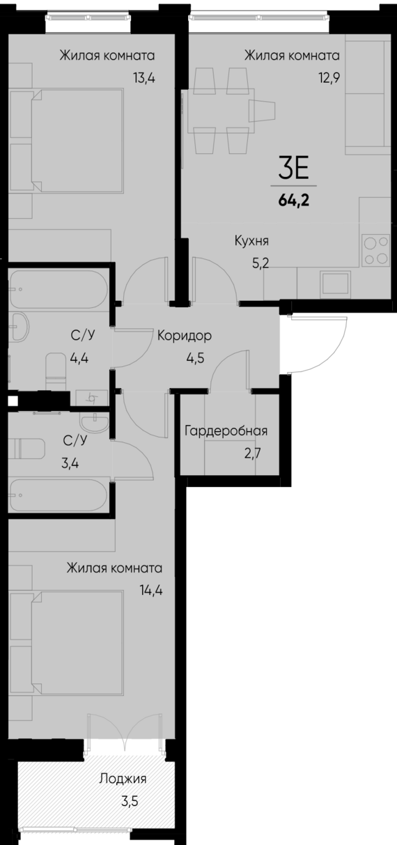 евро 3 к.кв. №50 64,2 м2 от застройщика ГК ТОЧНО