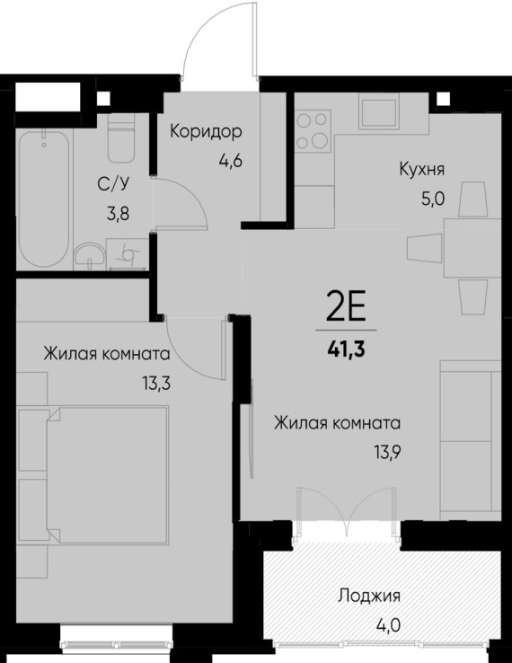 евро 2 к.кв. №95 44,6 м2 от застройщика ГК ТОЧНО